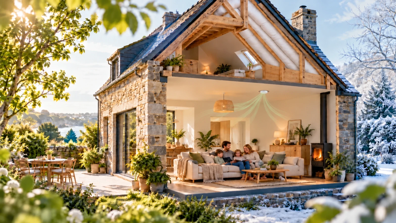 Confort thermique d’une maison en été et en hiver, avec rampants isolés en ouate de cellulose et ventilation au plafond