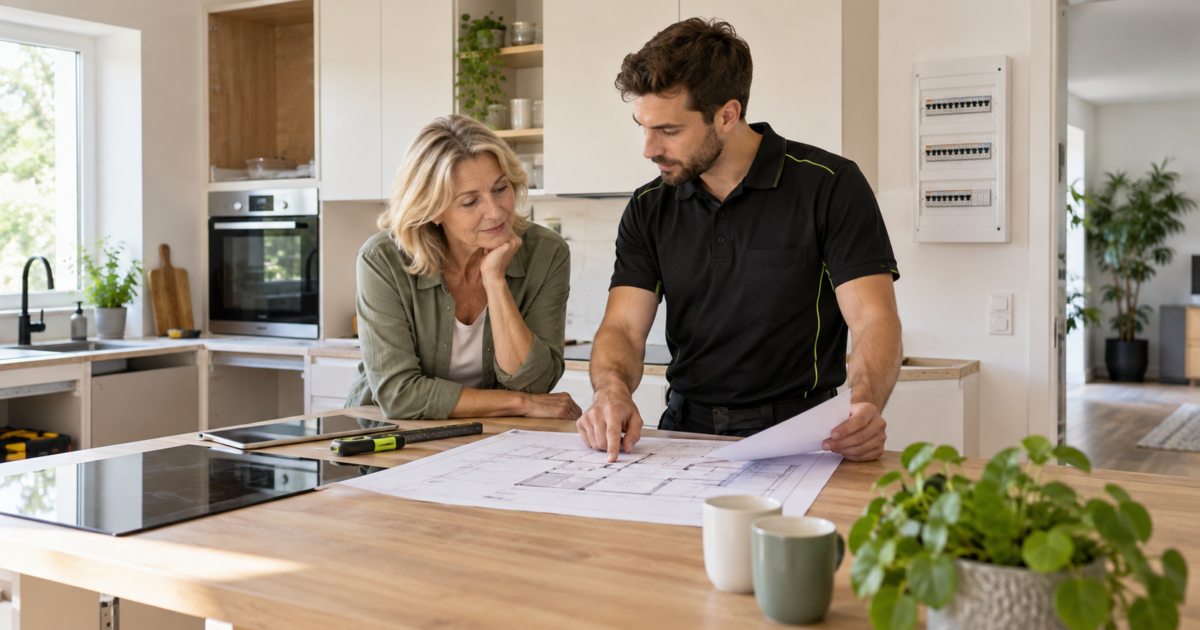 Une propriétaire et un électricien étudient les plans d’une cuisine en rénovation, avec un tableau électrique visible au mur.