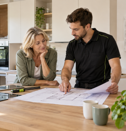 Une propriétaire et un électricien étudient les plans d’une cuisine en rénovation, avec un tableau électrique visible au mur.