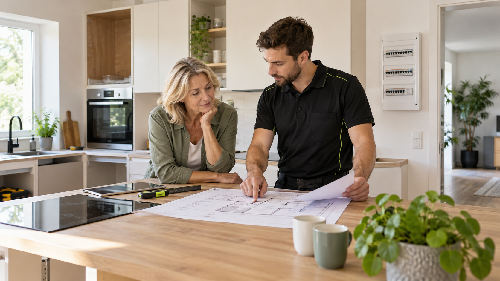 Une propriétaire et un électricien étudient les plans d’une cuisine en rénovation, avec un tableau électrique visible au mur.