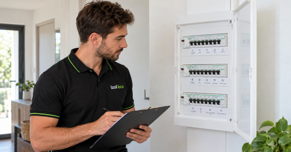 Technicien devant un tableau électrique moderne avec disjoncteurs et circuits repérés.