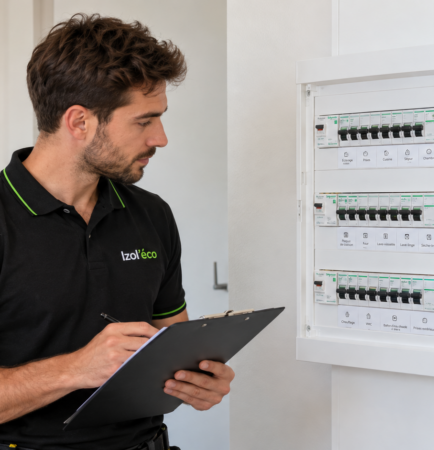 Technicien devant un tableau électrique moderne avec disjoncteurs et circuits repérés.
