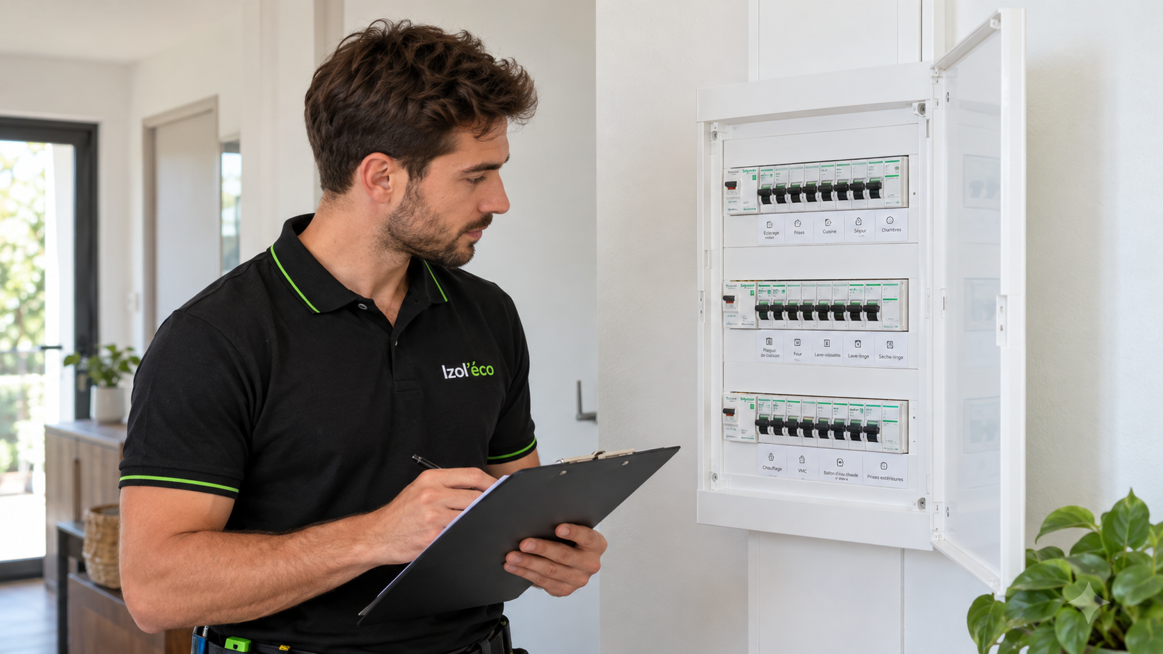 Technicien devant un tableau électrique moderne avec disjoncteurs et circuits repérés.