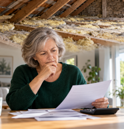 Mauvaise isolation des combles en surimpression au-dessus d’une femme consultant sa facture de chauffage.