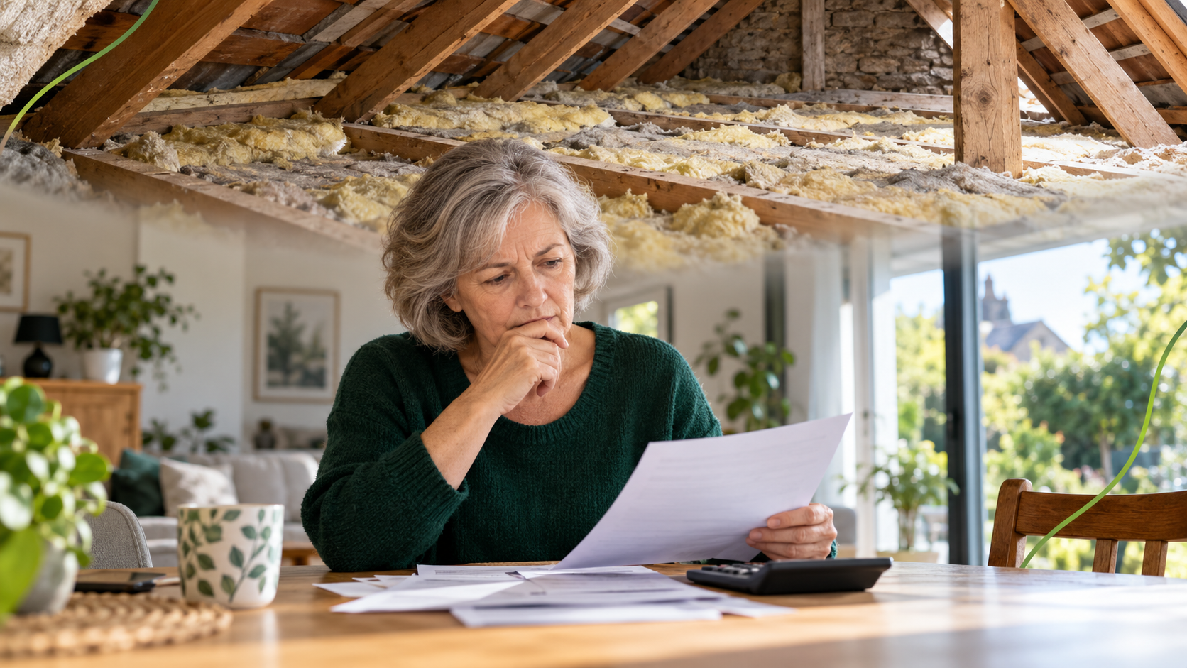 Mauvaise isolation des combles en surimpression au-dessus d’une femme consultant sa facture de chauffage.