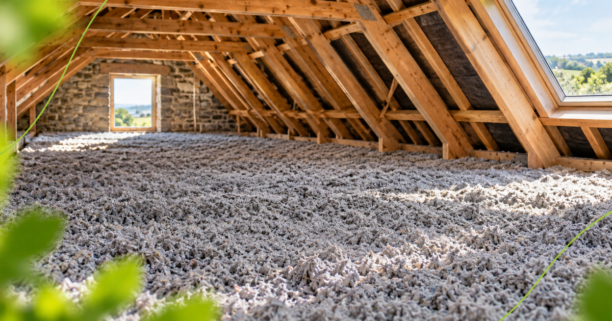 Ouate de cellulose soufflée sur le plancher de combles perdus