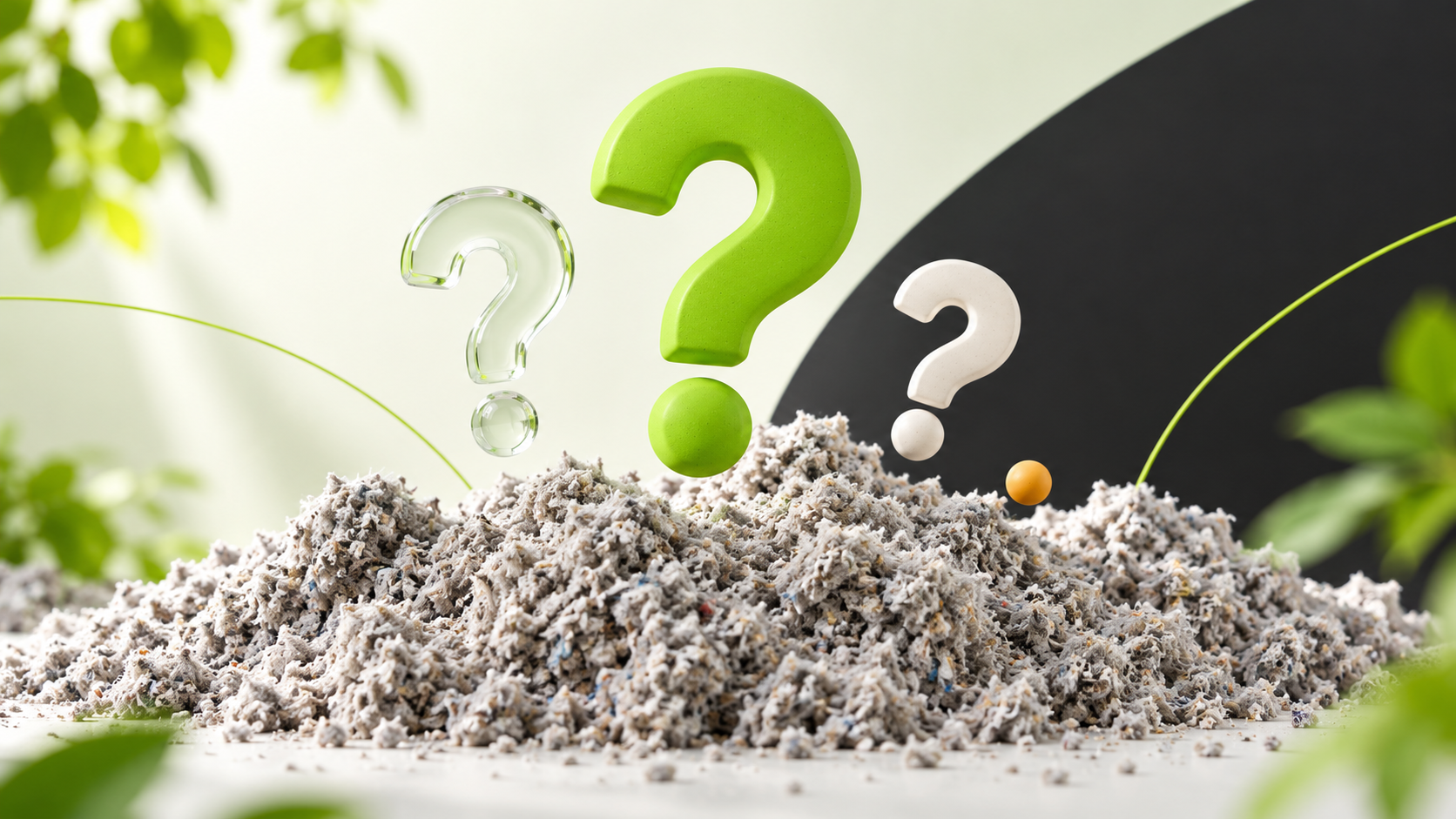 Trois points d’interrogation au-dessus de ouate de cellulose en vrac.